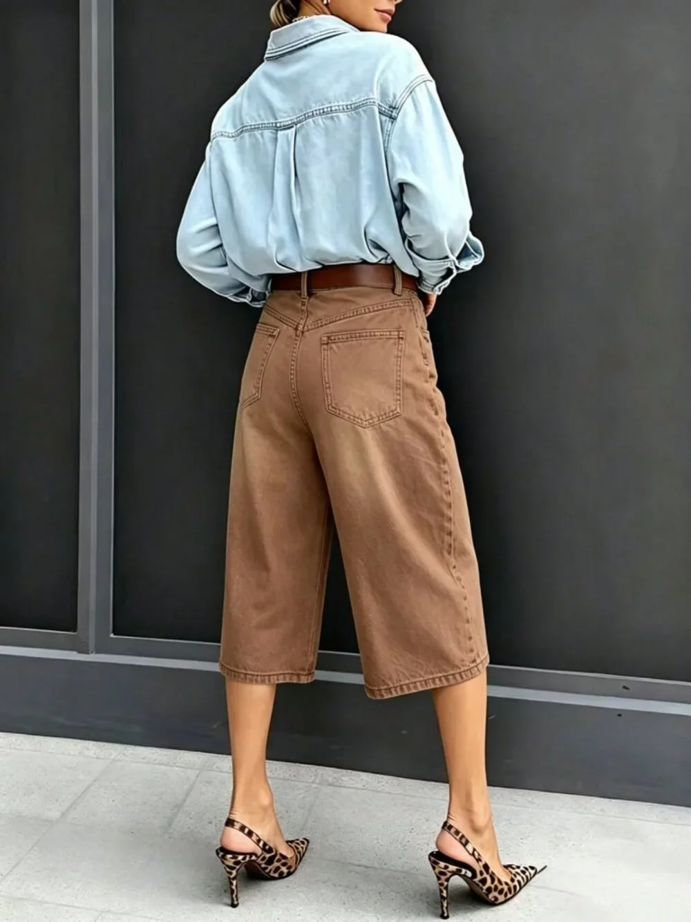 brown Women's Casual Denim Bermuda Shorts with Pockets